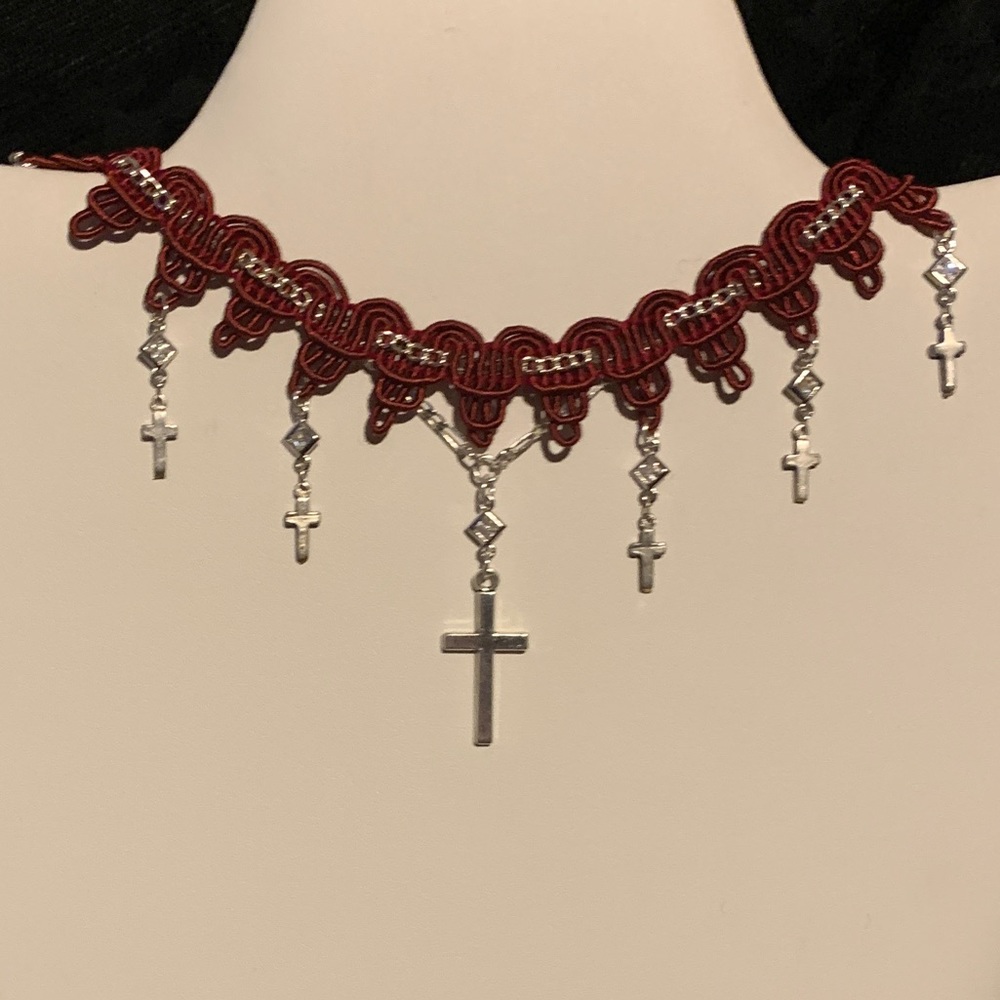 O.O.A.K. Red Ribbon Silver Rhinestone Cross Choker - Picture 13 of 13